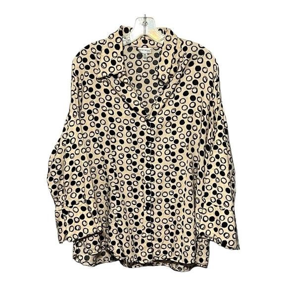 Harve’ Benard 1X Tan Black Linen Blend Circle Printed Button-Up Shirt Plus-Size - Picture 1 of 9